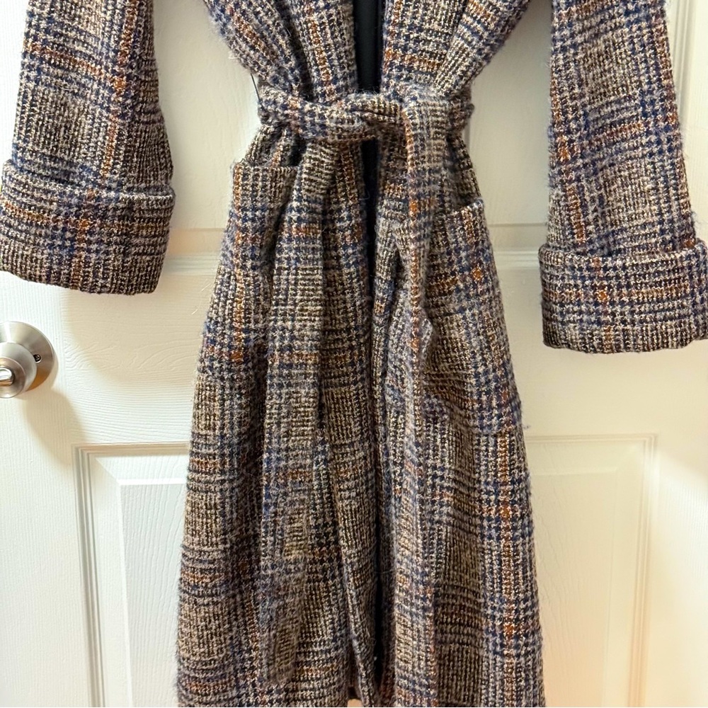 Zara brown plaid wool mohair blend belted tweed coat trench tie waist minimal - Picture 3 of 7